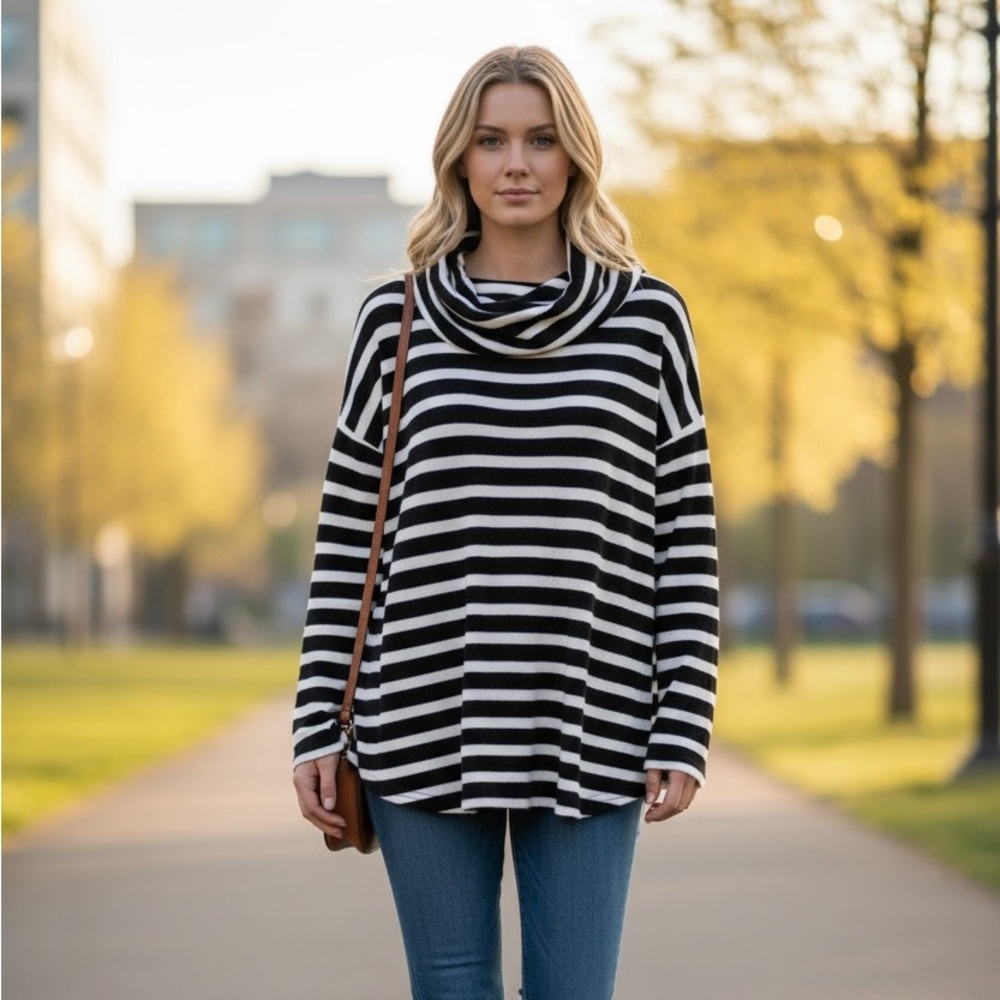 Lane Bryant Plus Size 18/20 Black and White Striped Cowl Neck Sweater
